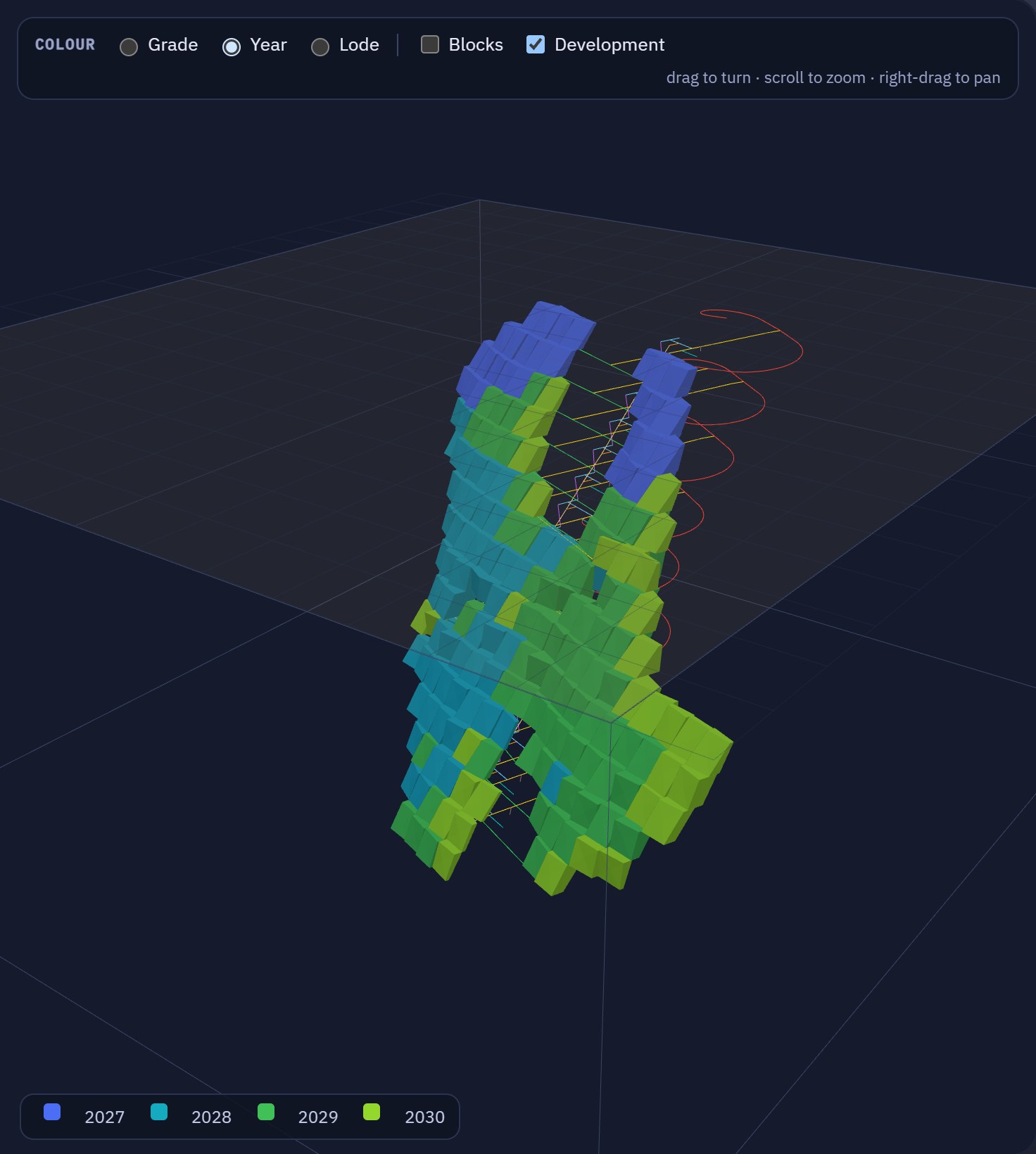 The MineJue demo's 3D view: stopes on a made-up gold lode coloured by the year they start, with the level development and the decline beside them